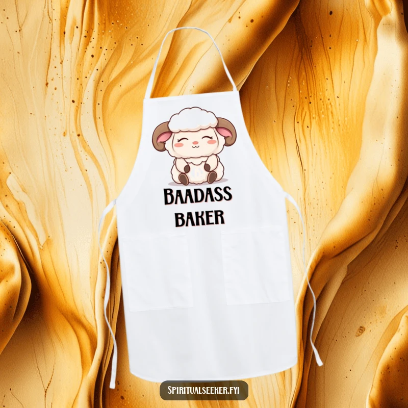 Funny sheep apron with a meditating character, serene smile, and closed eyes, perfect for peaceful cooking and humorous kitchen moments.