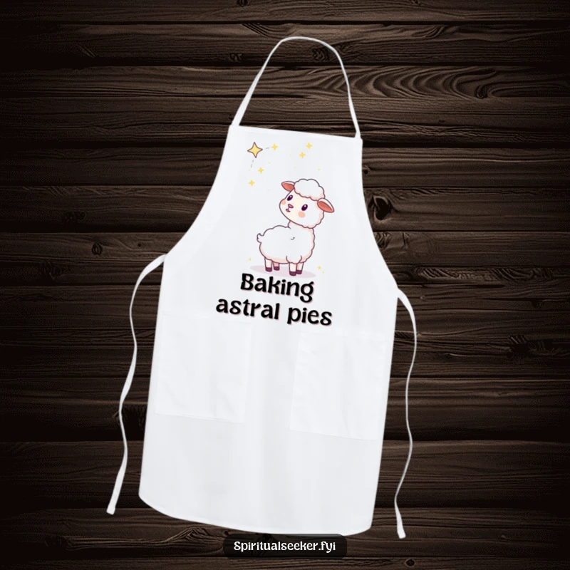Funny kawaii sheep apron featuring a cute sheep gazing at a celestial constellation, ideal for a whimsical cooking experience.