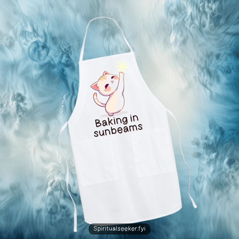 Funny cat apron showing a serene character stretching gracefully towards a gentle beam of light.