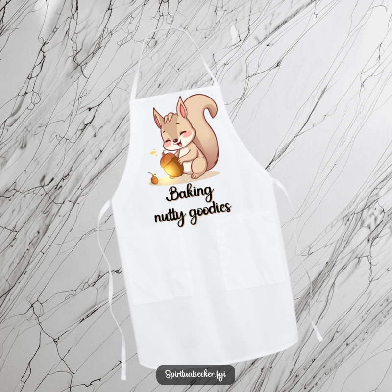 Funny apron depicting a giggling squirrel finding a glowing acorn, adding a touch of playful joy to cooking.