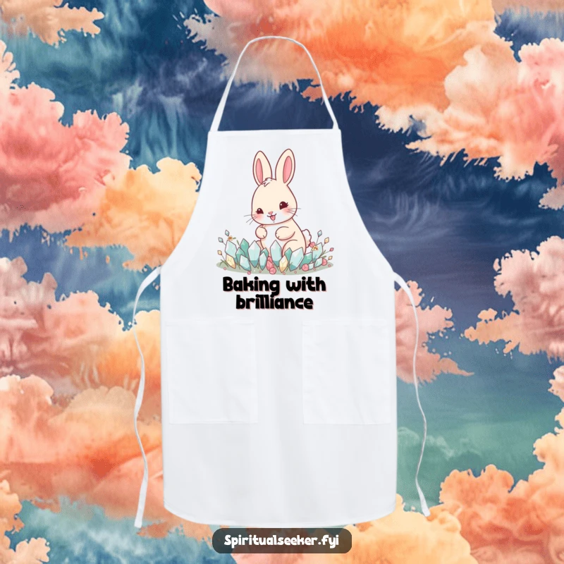 Funny kitchen apron with a happy rabbit tending a garden of tiny crystals, perfect for magical cooking.