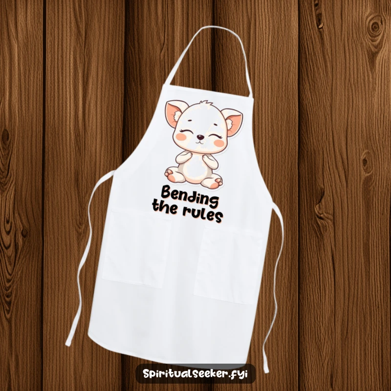 Funny Kawaii animal in a gentle yoga pose with eyes closed, printed on a practical apron for peaceful cooking and kitchen humor.