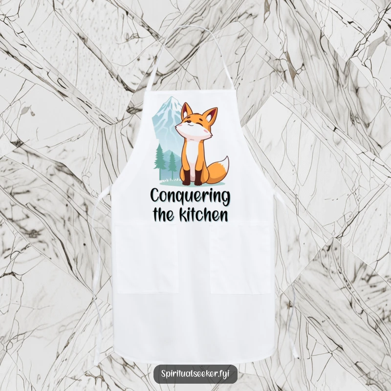 Funny Fox Apron: A determined fox stretching towards a mountain peak, adding humorous motivation to cooking.