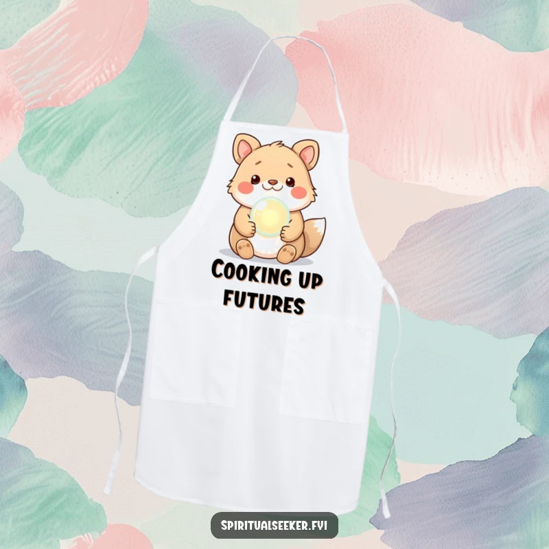 Funny Kawaii Animal Apron with a crystal ball, ready for humorous kitchen predictions, an excellent funny gift for cooks.