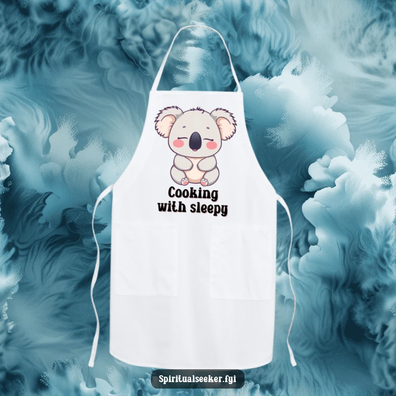 Funny kitchen apron with a peaceful koala looking content, ideal for calm cooking and protecting clothes, a superb funny gift.
