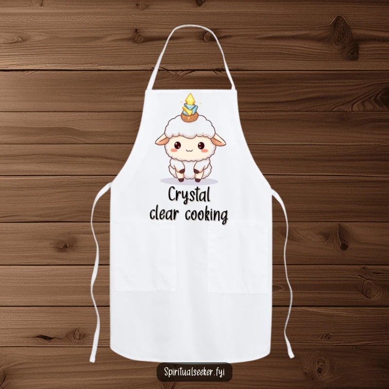 Funny Sheep Apron: A humorous sheep character balancing glowing crystals while cooking, perfect for kitchen fun.