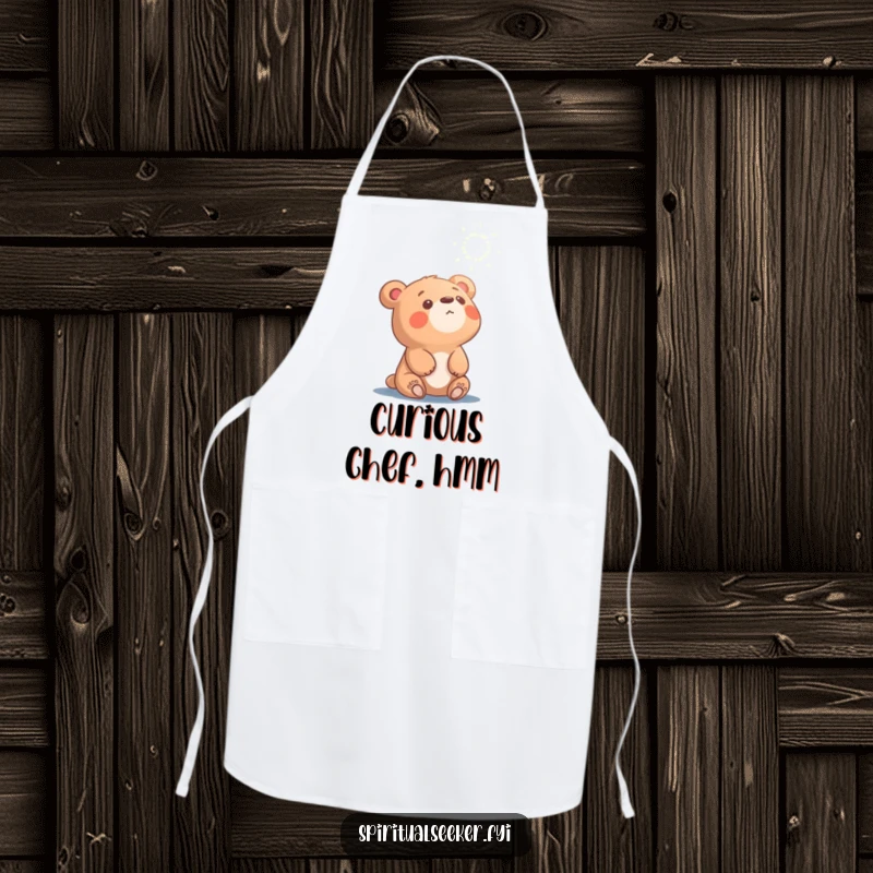 Funny curious bear apron, character looking up at shimmering ethereal light, bringing a sense of adventure to cooking.