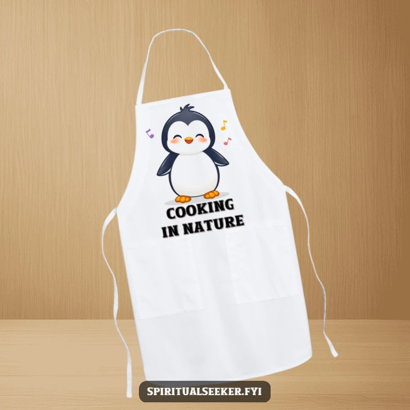 Funny apron with a cheerful penguin character listening to nature sounds, perfect for chefs and cooks who love outdoor humor.