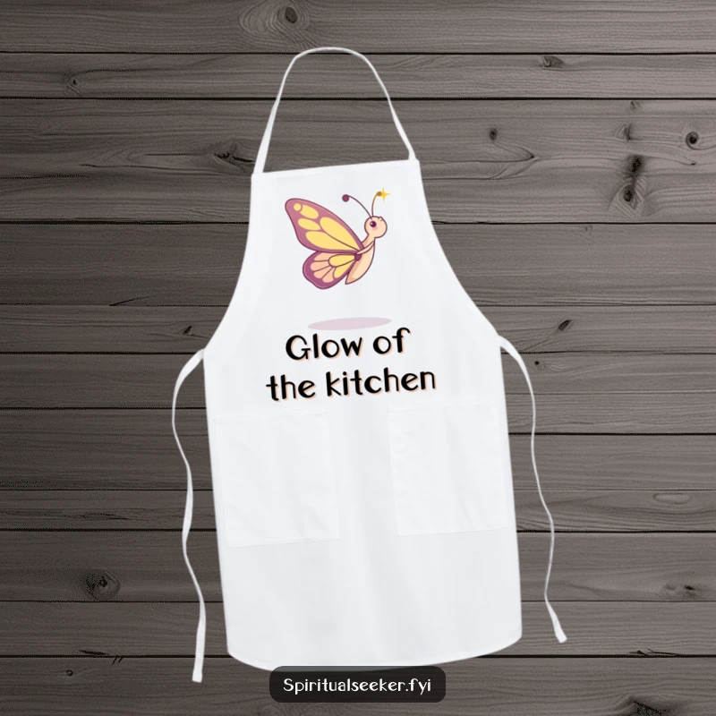 Funny apron with a dancing butterfly character admiring a beam of light, perfect for chefs and cooks who love whimsical humor.
