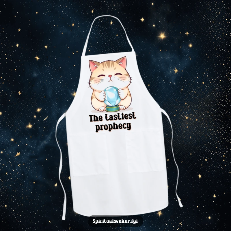Funny chef cat apron with a plump cat balancing a crystal ball, ideal for kitchen magic and a sprinkle of feline humor.