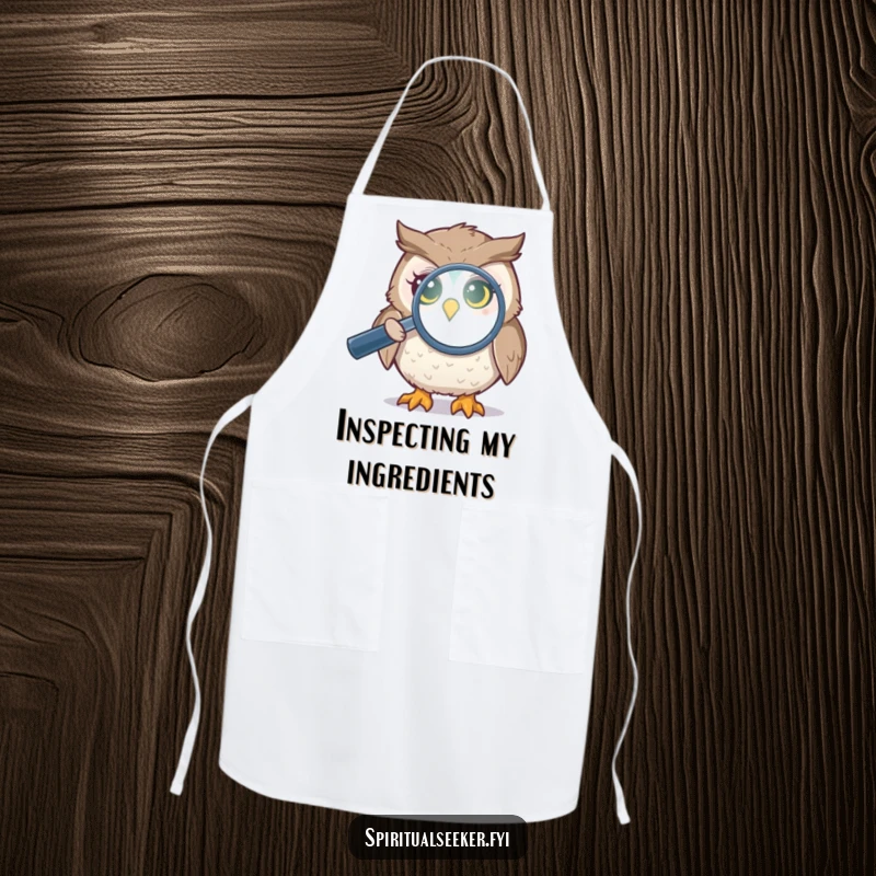 Funny chef owl apron with a curious bird magnifying an aura, ideal for kitchen insight and a sprinkle of mystical humor.