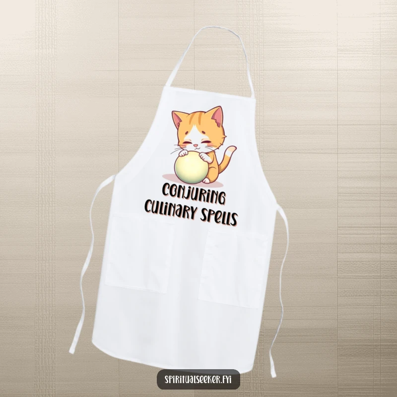 Funny kitchen apron showcasing a curious cat exploring a glowing mystical orb, perfect for magical cooking.