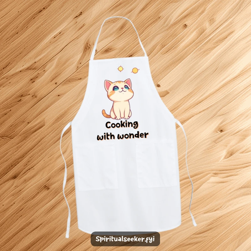 Funny curious cat apron, depicting a cat stargazing while cooking, bringing cosmic humor to kitchen duties.