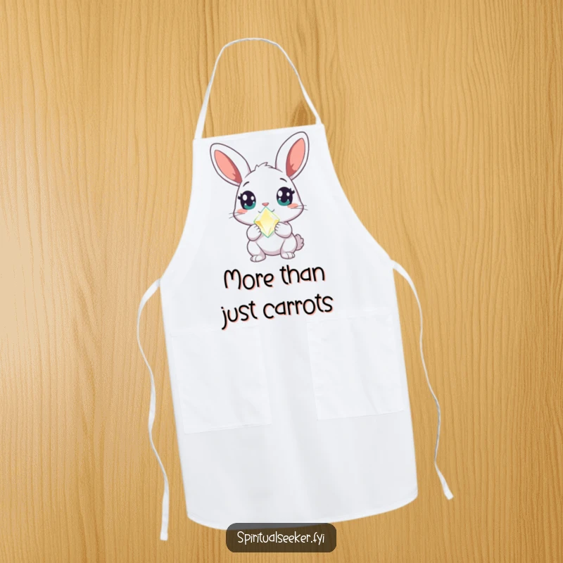 Funny rabbit apron with a curious character, wide amazed eyes, and a glowing crystal, ideal for magical and humorous cooking.