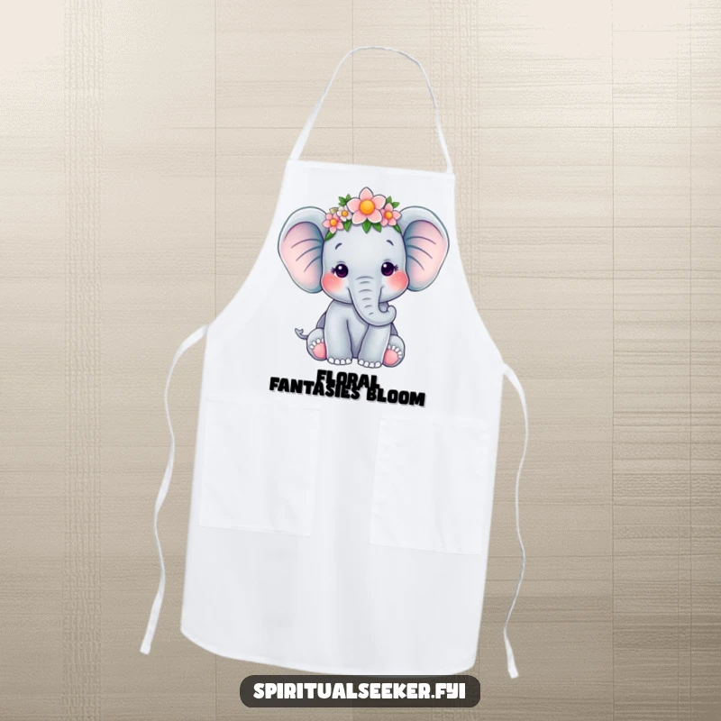 Funny kitchen apron featuring a serene elephant adorned with a flower crown, perfect for peaceful cooking, a delightful funny gift.