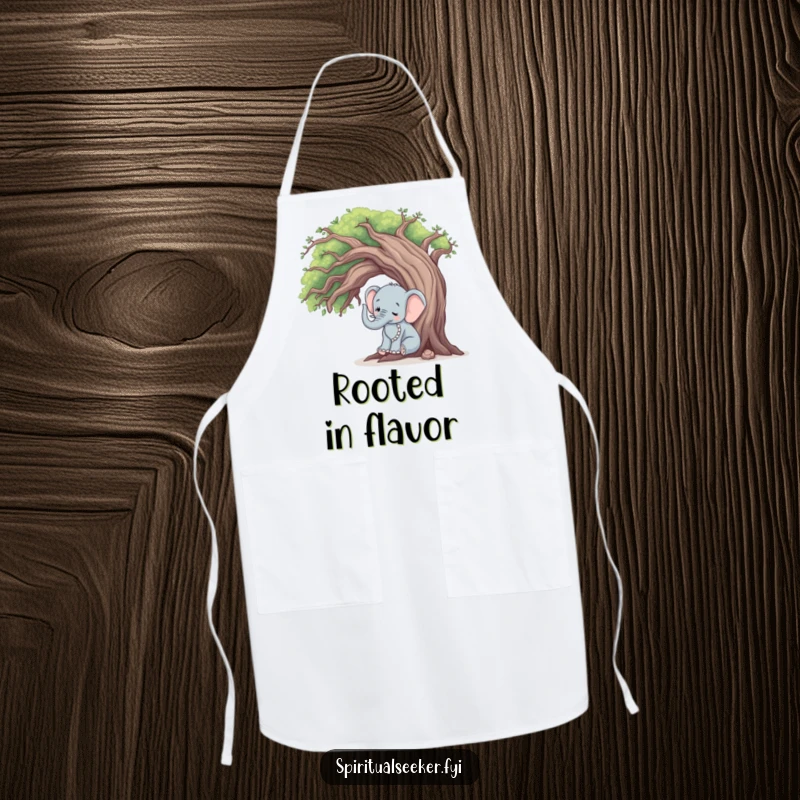 Funny elephant tree hugger apron, a peaceful elephant touching an old tree, practical and serene kitchen wear.