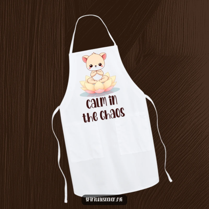 Funny Kawaii animal meditating serenely on a lotus flower, printed on a practical apron for peaceful cooking and kitchen serenity.