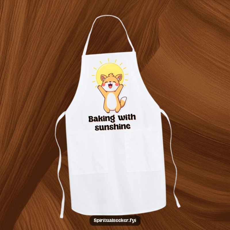 Funny Apron showcasing a happy Kawaii animal reaching for a sun, ideal for kitchen fun and spills protection.