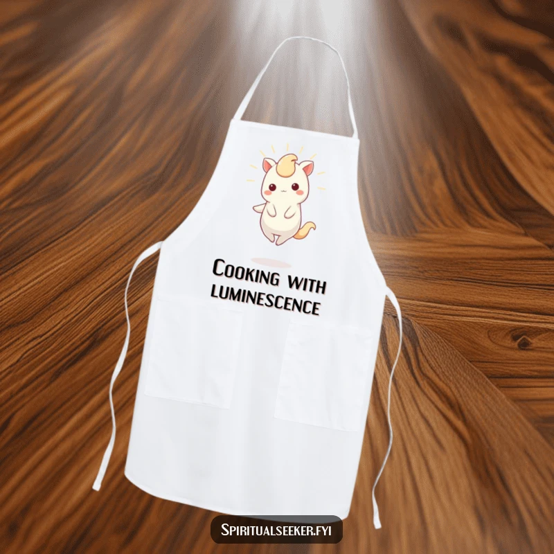 Funny Apron showcasing a charming Kawaii creature balancing and glowing, perfect for magical moments in the kitchen.
