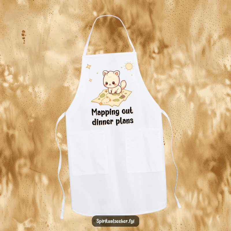 Funny Kawaii animal apron showing a character tracing a path on a mystical map, perfect for kitchen adventures.