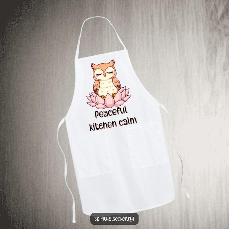 Funny Apron: A kawaii owl in a meditative state on a lotus flower, perfect for a peaceful cooking experience.