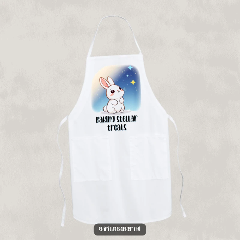 Funny Apron: A kawaii rabbit looking up at a starry sky, perfect for adding magic to kitchen tasks.