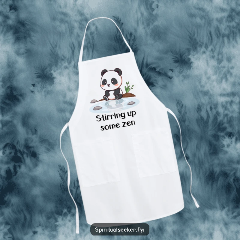 Funny kitchen apron with a contemplative panda by tranquil water, ideal for mindful cooking and protecting clothes, a superb funny gift.