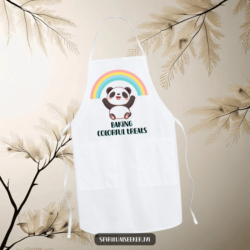 Funny apron illustrating a hopeful panda gazing at a rainbow, perfect for adding humor and optimism to cooking.