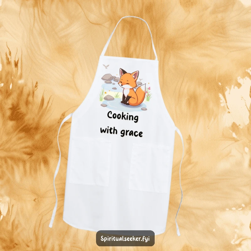 Funny serene fox apron, showing a peaceful fox by a stream while cooking, bringing calm humor to the kitchen.