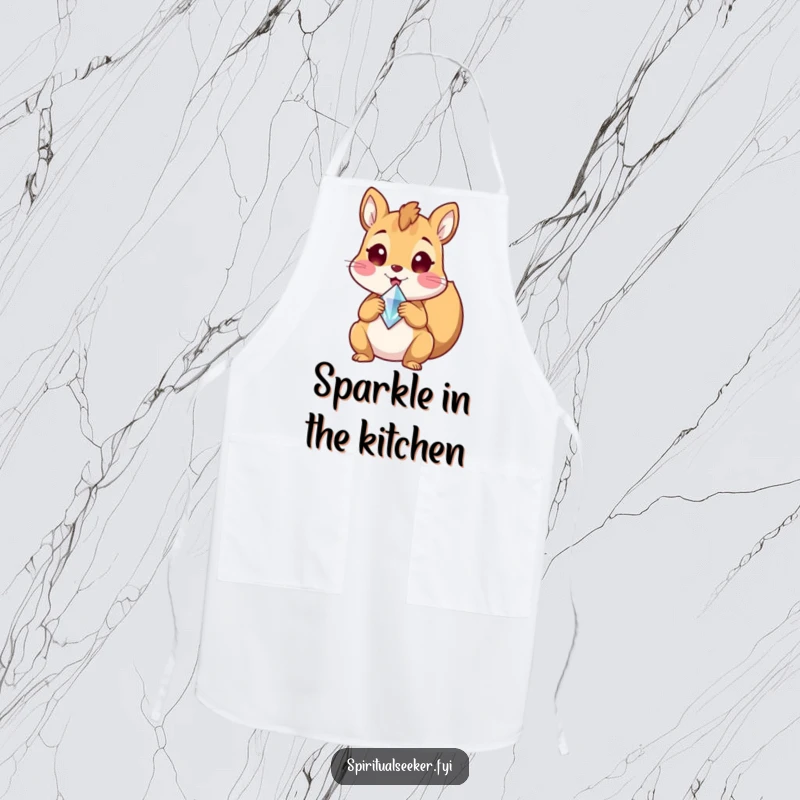 Funny kitchen apron with a delighted squirrel holding a crystal shard, perfect for joyful cooking and protecting clothes, a superb funny gift.