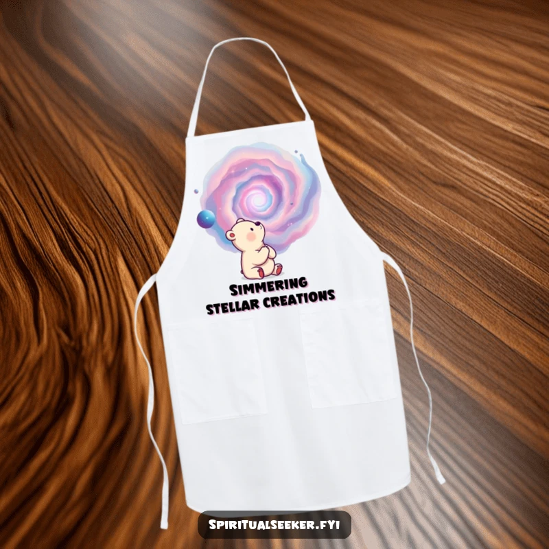 Funny kitchen apron with a thoughtful bear observing a swirling nebula, perfect for cosmic cooking.