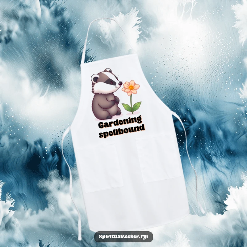 Funny apron showcasing a thoughtful badger admiring a glowing magical flower, ideal for adding personality to kitchen duties.