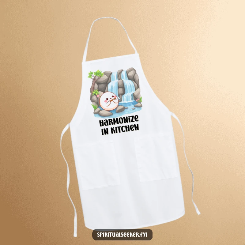 Funny apron showing a happy, bouncy ball creature playing a tiny flute beside a serene waterfall, adding musical flair to cooking.