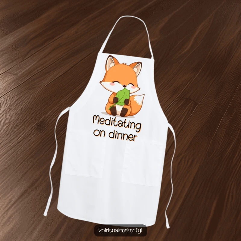 Funny apron: A meditative fox holds a single leaf, perfect for kitchen tasks with a calm attitude.