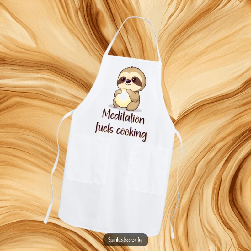 Funny apron depicting a thoughtful sloth observing a glowing orb, adding a touch of mystery to cooking.