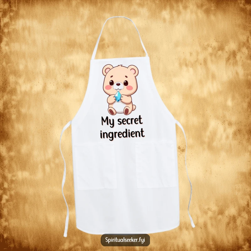 Funny apron featuring a peaceful bear holding a radiant crystal, ideal for a calm and humorous cooking experience.
