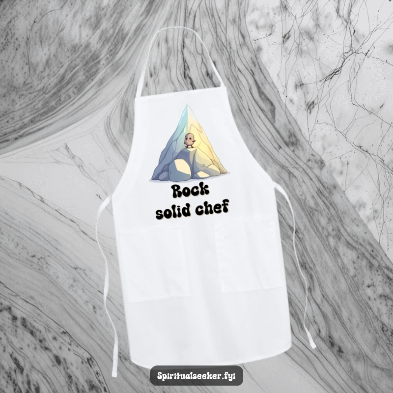 Funny apron showing a small, determined pebble creature hiking up a glowing, crystal mountain, adding motivational flair to cooking.