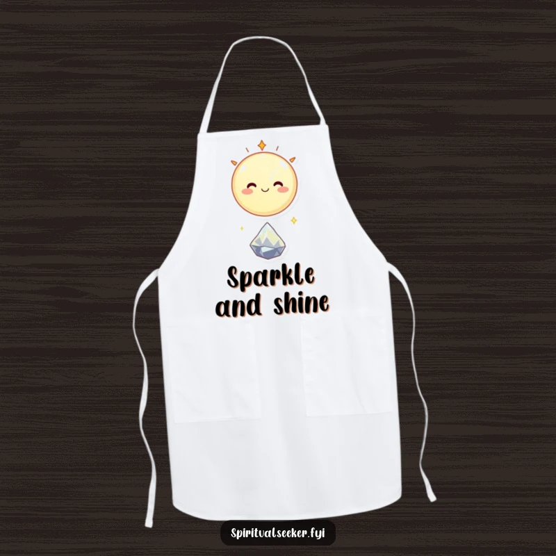Funny apron showing a smiling celestial body happily floating above a tiny, sparkling crystal, bringing cosmic humor to cooking.