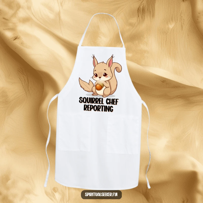 Funny squirrel apron showing a curious squirrel captivated by a glowing magical acorn. Great for baking fun.