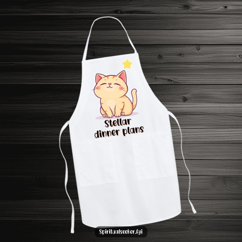 Funny contented cat apron, showing a cat gazing at a star, suitable for kitchen tasks with a touch of whimsical humor.
