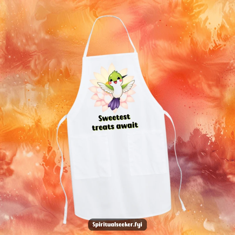 Funny apron depicting a smiling hummingbird near a radiant lotus, adding a touch of natural elegance to cooking.