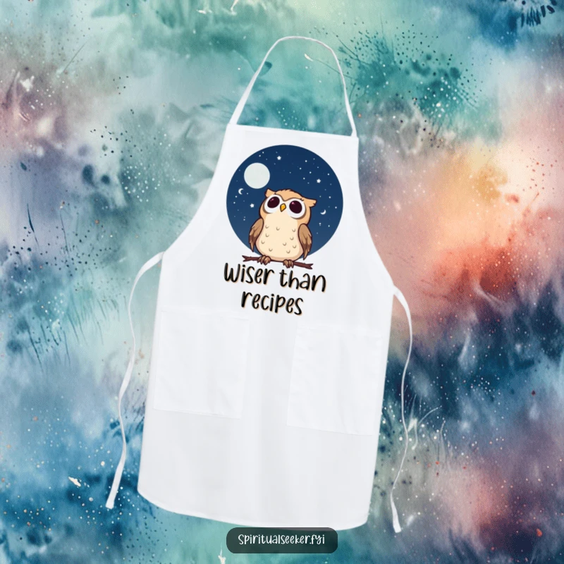 Funny calm owl apron with a character gazing at a starry night sky with wonder, ideal for peaceful and humorous cooking.