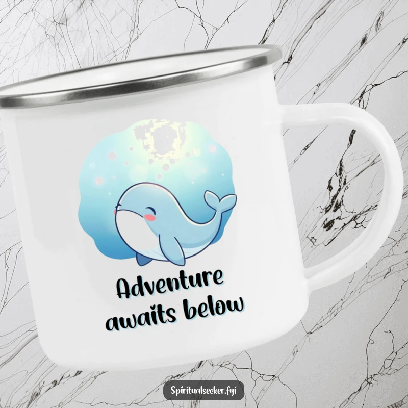 Funny whale camping mug featuring a thoughtful whale observing a magical underwater glow. Durable and inspiring.