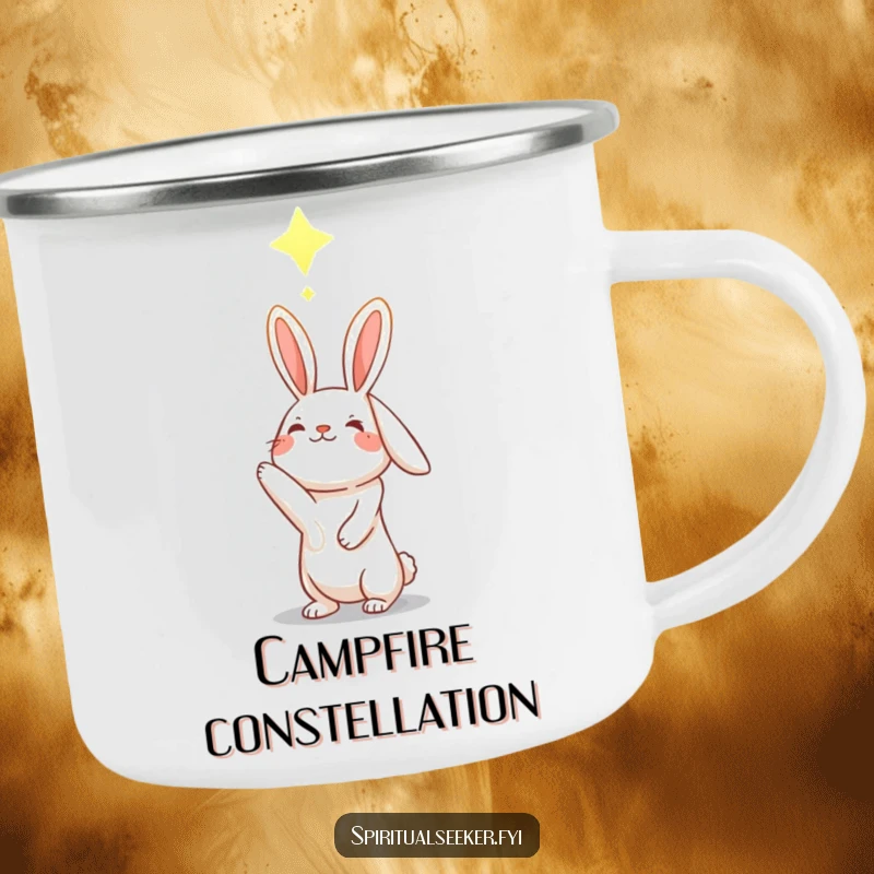 Funny hopeful rabbit camping mug, reaching for a glowing constellation, perfect for outdoor adventures and stargazing.