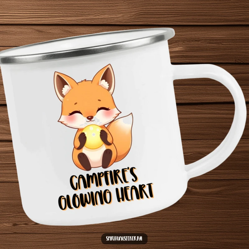 Funny Camping Mug: A kawaii fox holding a glowing orb, perfect for enjoying nature with a magical feel.