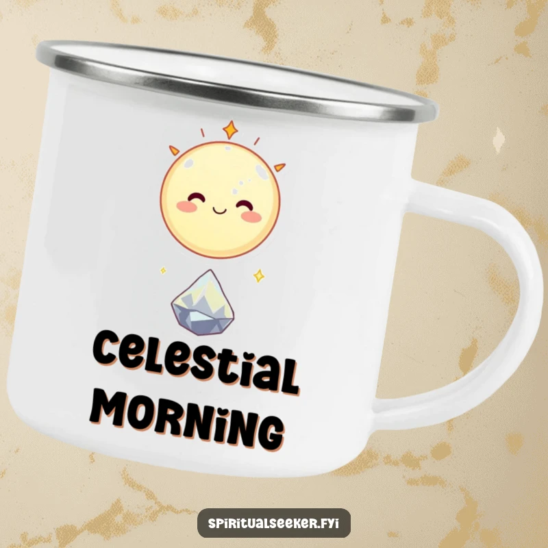 Funny camping mug with a smiling celestial body happily floating above a tiny, sparkling crystal, ideal for outdoor humor.