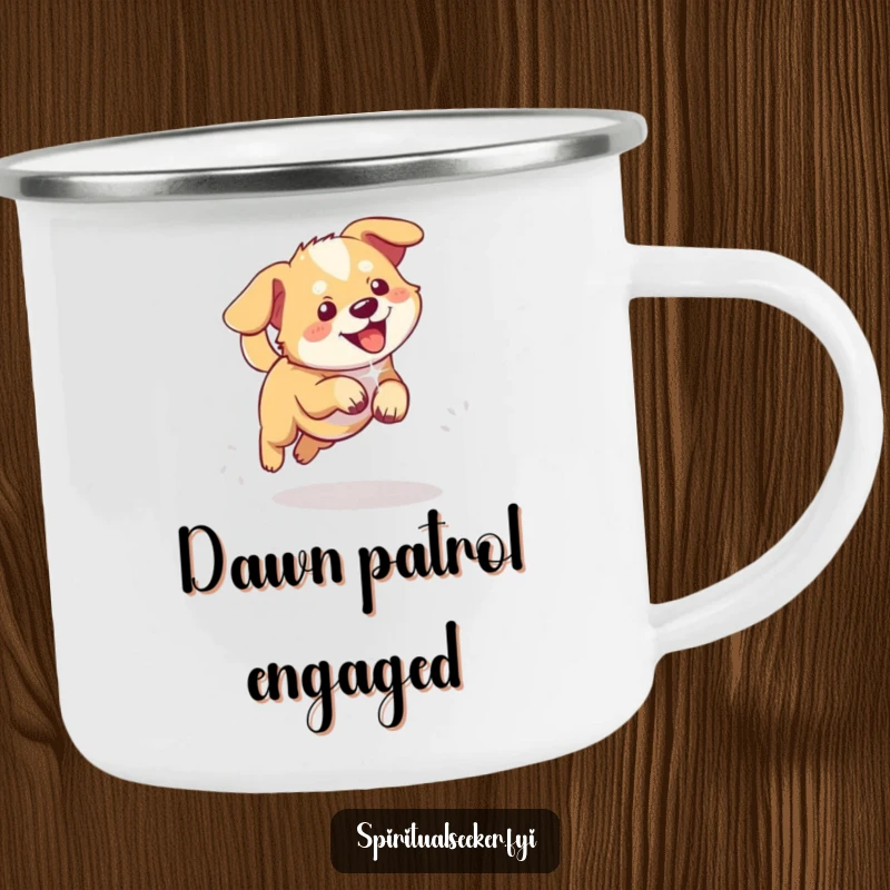 Funny enamel camping mug featuring a playful dog chasing a shimmering ethereal light, perfect for outdoor fun.
