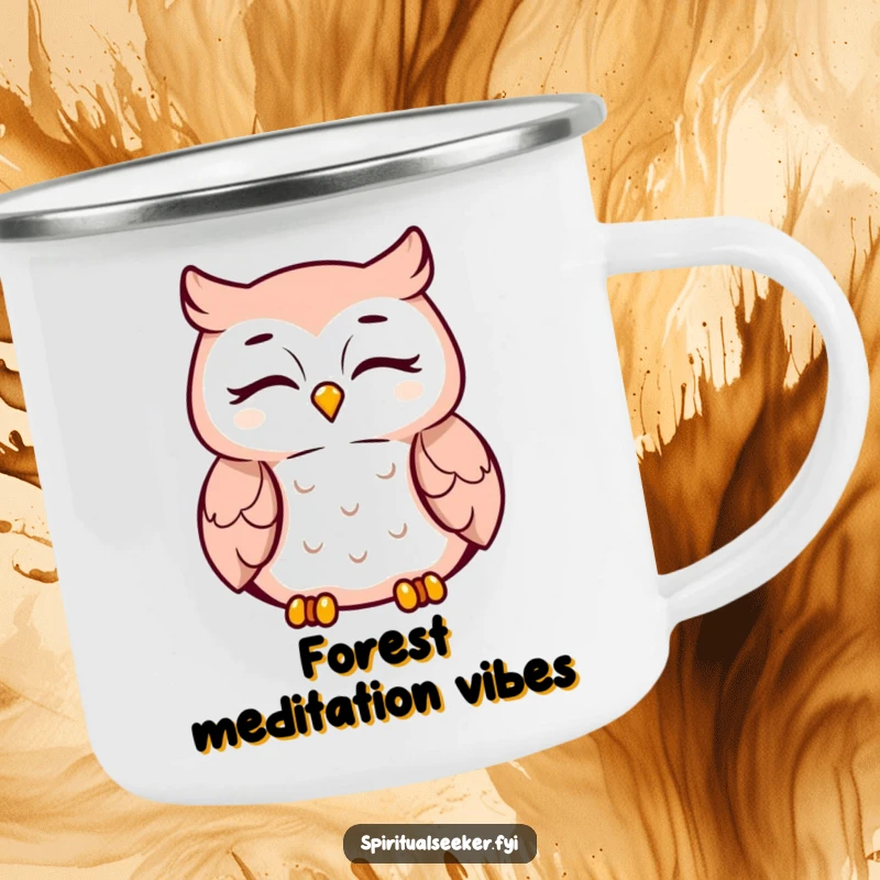 Funny meditating owl camping mug, peaceful smiling character, perfect for outdoor adventures and serene moments.