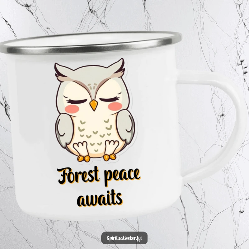 Funny meditating owl camping mug, showcasing a wise owl in meditation, perfect for enjoying drinks outdoors with a touch of humor.