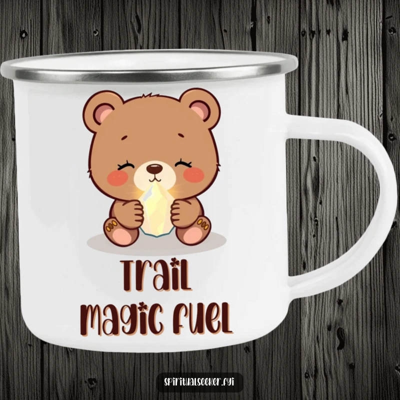 Funny bear cub camping mug with a peaceful cub holding a tiny, glowing crystal, perfect for outdoor humor.